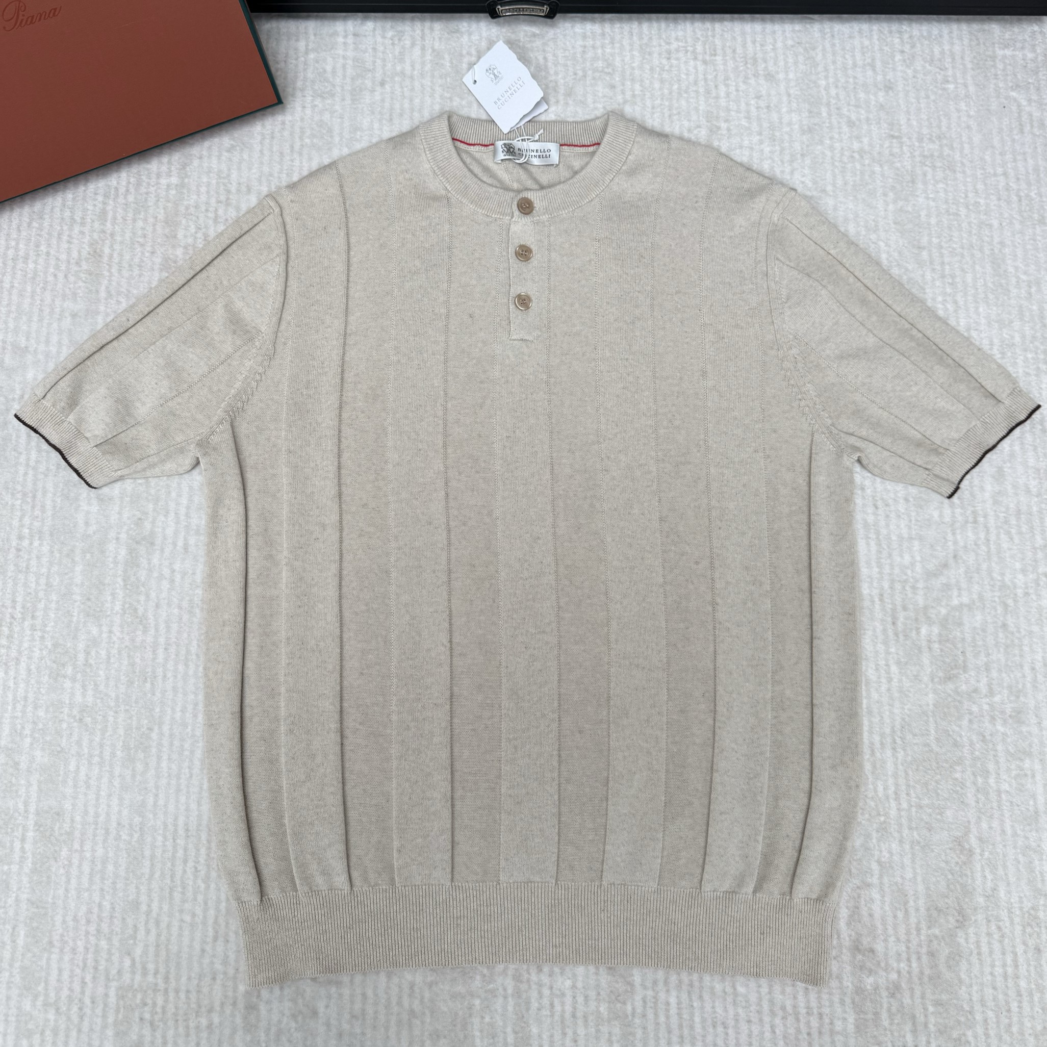 Brunello Cucinelli 브루넬로 리넨 코튼 니트 헨리 티셔츠 #22566422