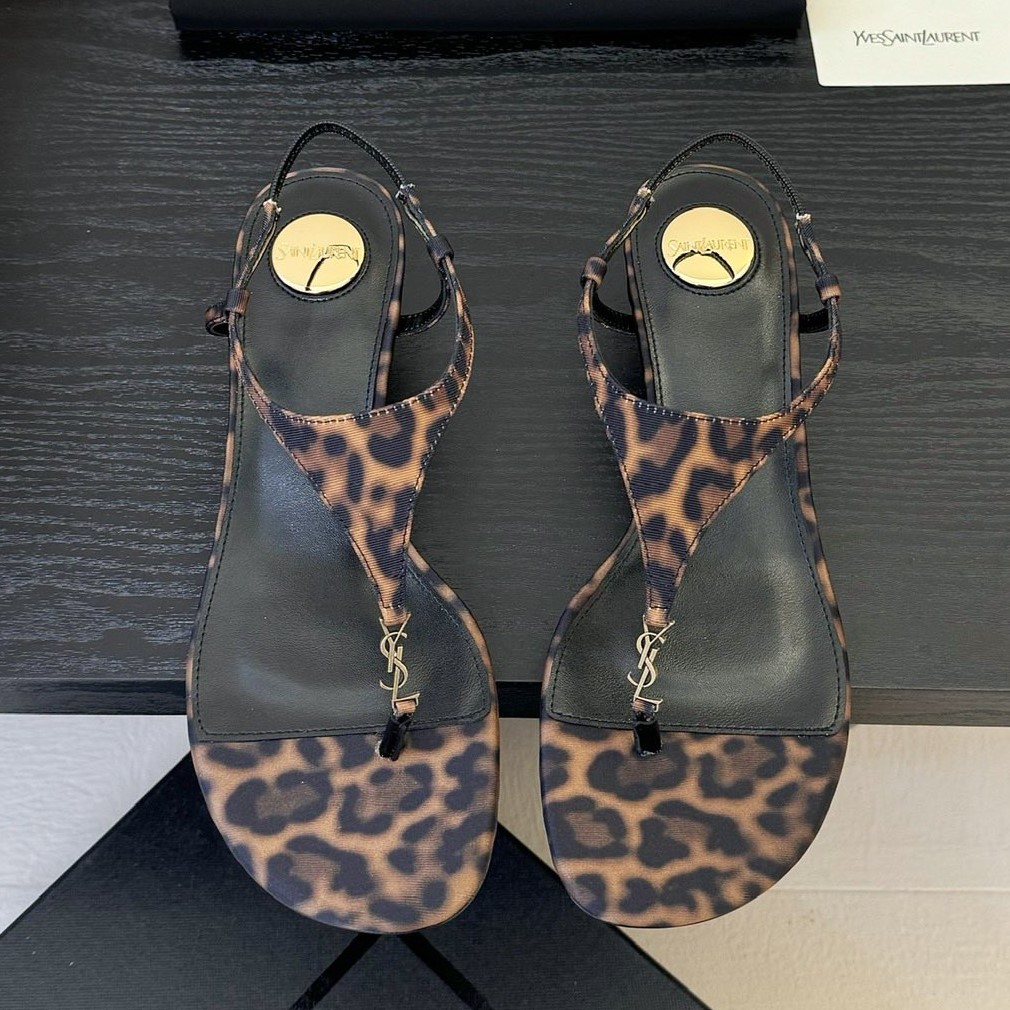 SAINT LAURENT 생로랑 카산드라 레오파드 프린트 그로그랭 웨지 샌들 #1896521